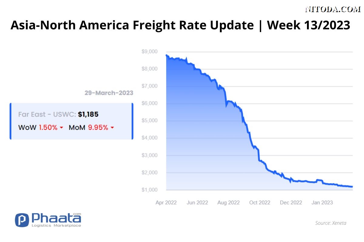 Giá cước vận chuyển Châu Á-Bắc Mỹ |Tuần 13/2023 (Ảnh: Nitoda.com)
